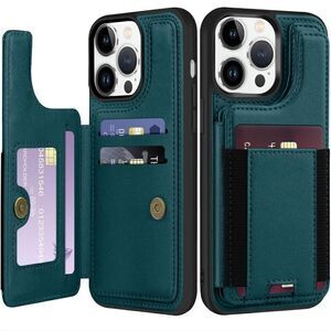 Green iPhone 15 Pro Leather Wallet Case RFID Blocking Magnetic Closure